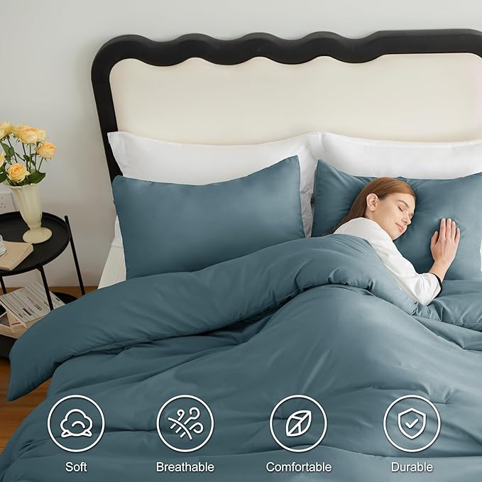 CozyLux Queen Comforter Set Mineral Blue, 3 Pieces Solid Comforters Queen Size - Image 5
