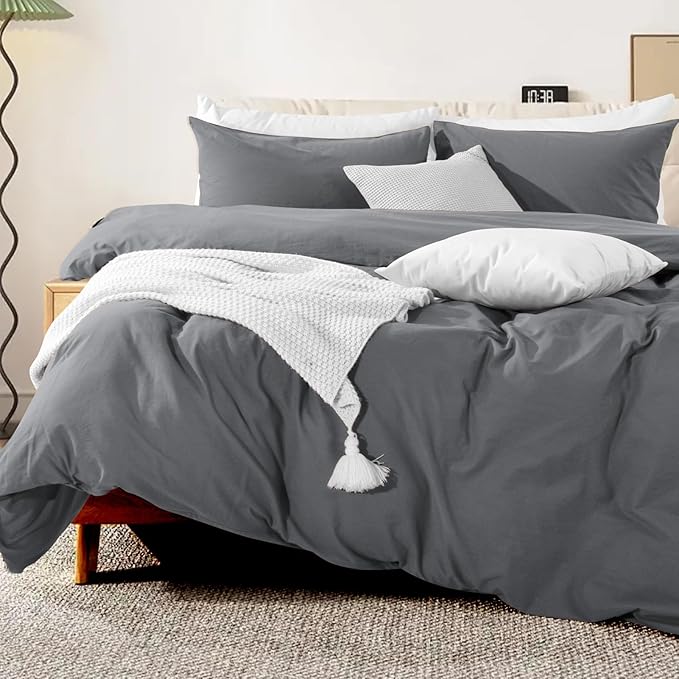 NEXHOME PRO Duvet Cover Set 100% Washed Cotton Full Size Linen Feel Textured - Image 3