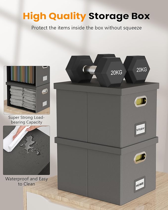 2 Pack File Storage Organizer, Portable File Box with Lid, Fit for Letter/Legal File Folder Storage, Gray(Leather)