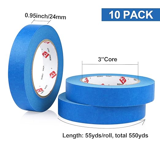 BOMEI PACK Blue Painters Tape 1 Inch Bulk - Paint Tape 10 Rolls x 1 Inch x 55 Yards - Painter's Tape Blue Masking Tape for Walls Painting, DIY Crafting, and School Projects, Total 550 Yards