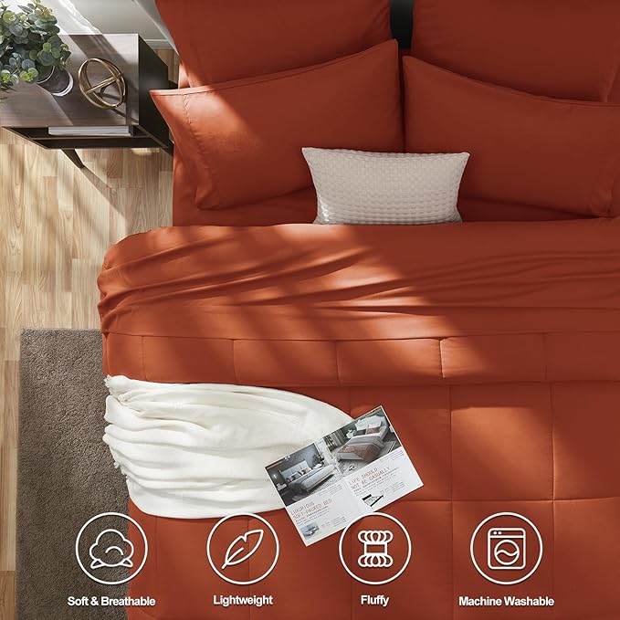 CozyLux King Size Comforter Set Terracotta, 7 Pieces Bed in a Bag, Burnt Orange - Image 2