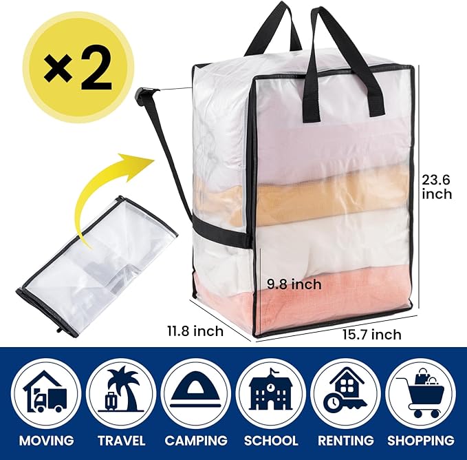 TAILI 2 Pack Clear Moving Bags w/Adjustable Backpack Straps, Moving Supplies, Moving Boxes Alternative, Heavy Duty Storage Totes for College Packing, Camping Backpack for Travel, Dorm, Laundry