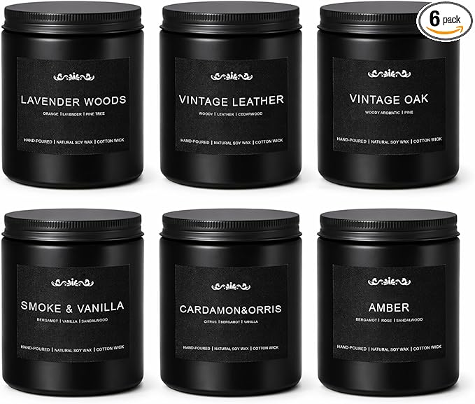 Candles for Men, 6 Pack Soy Wax Gift Set, 300H Long Lasting Home Fragrance by ManlyScentedCandlesforMen