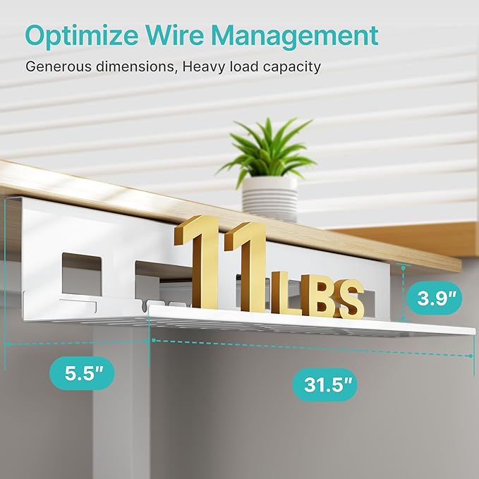 PEGZONE Under Desk Cable Management Tray, 31.5 Inches Metal Cord Organizer Rack, Desk Tray for Power Strip, Cord, Wire, Easy Mounting Cable Management Under Table for Home Office, White