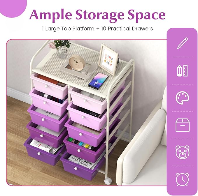 GOFLAME 10-Drawer Rolling Storage Cart, Art Craft Storage Organizer on Wheels, Multipurpose Movable Utility Cart for School, Office and Home, Purple Gradient