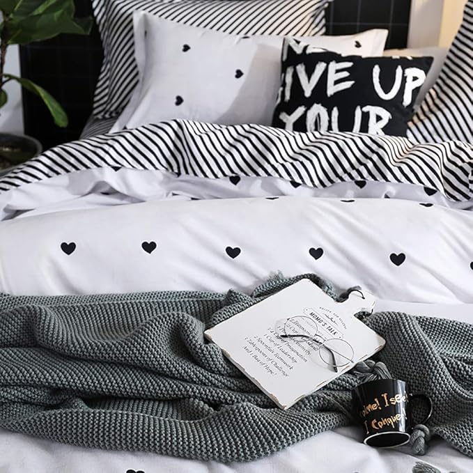 Omelas Kids Heart Love Queen Duvet Cover Set Black and White Teens Girls Lovely - Image 4