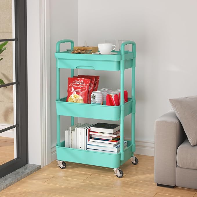Calmootey 3-Tier Rolling Utility Cart with Drawer,Multifunctional Storage Organizer with Plastic Shelf & Metal Wheel,Storage Cart for Kitchen,Bathroom,Living Room,Office,Green