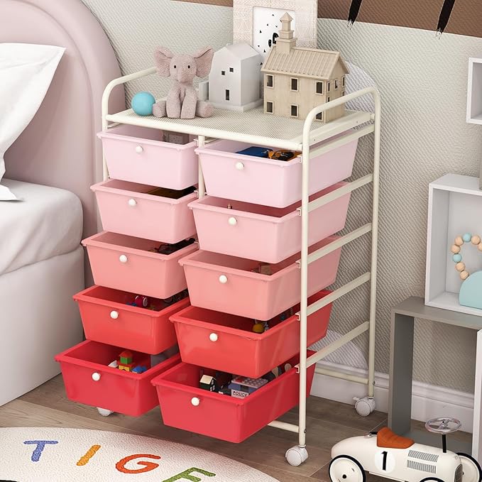 GOFLAME 10-Drawer Rolling Storage Cart, Art Craft Storage Organizer on Wheels, Multipurpose Movable Utility Cart for School, Office and Home, Pink