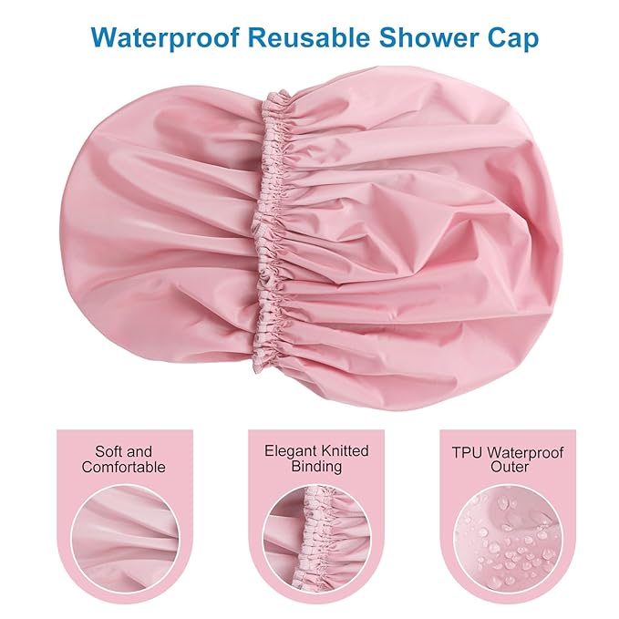 Shower Cap for Women, Double Layer Waterproof Bath Cap, Reusable Hair Protector - Image 6