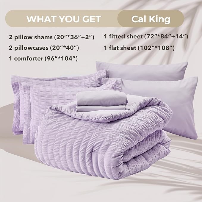 HYMOKEGE Lavender California King Comforter Set Seersucker 7 Pieces, All Season - Image 5