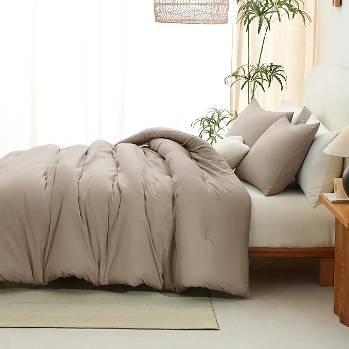 CozyLux Queen Comforter Set Khaki, 3 Pieces Solid Comforters Queen Size - Image 9