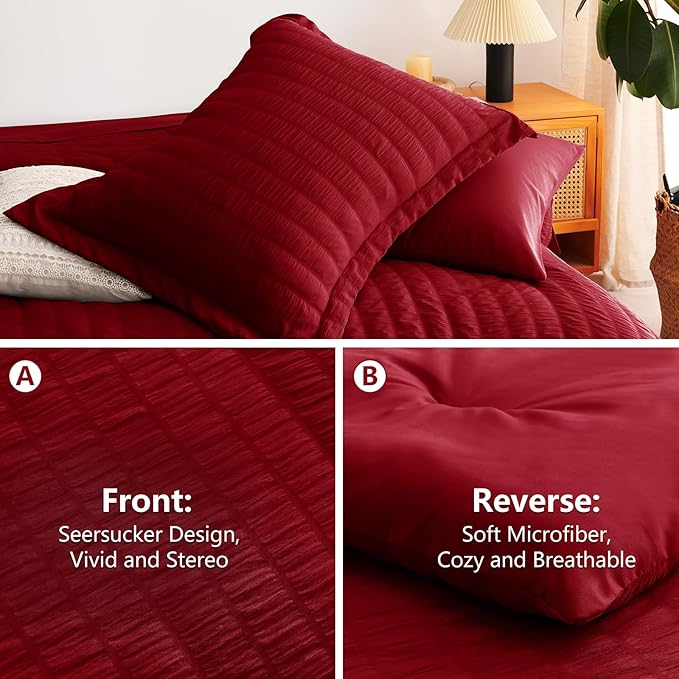 CozyLux King Size Comforter Set Dark Red Seersucker 7 Pieces Bed in a Bag King - Image 4