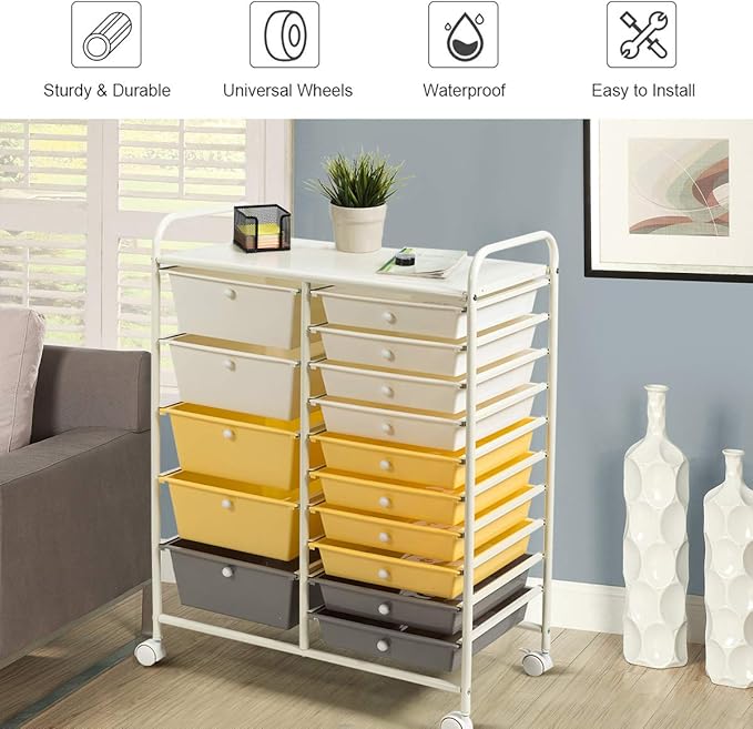 GOFLAME 15-Drawer Rolling Storage Cart, Craft Storage Cart with Removable Drawers & Lockable Wheels, Art Cart Supply Storage Organizer for Home Office Classroom, Yellow