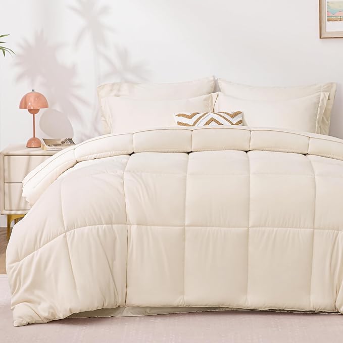 Love's cabin Queen Comforter Set Beige, 7 Pieces Queen Bed in a Bag, All Season by Lovescabin