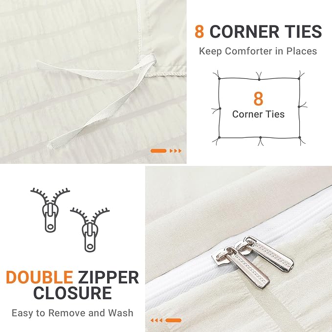 HYMOKEGE Ivory Duvet Cover Queen Size, Ultra Soft 3-Piece Seersucker Duvet - Image 5