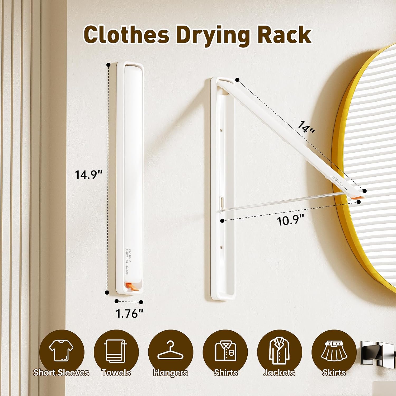Clothes Drying Rack, Laundry Room Wall Mounted Retractable Clothes Hanger Drying Rack, Laundry Clothing Drying Rack Folding Indoor or Outdoor, Easy Installation Aluminium Dryer, 1pcs(White)