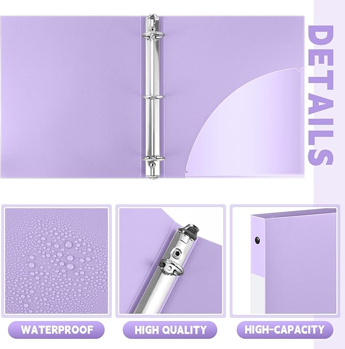 Henoyso 16 Pcs 3 Ring Binder 0.5 Inch Round Fits Letter Size 8.5'' x 11'' Paper Plastic Flexible Binder Bulk Holds 140 Sheets with 1 Pockets Versatile Organizer for Home Office School (Light Purple)