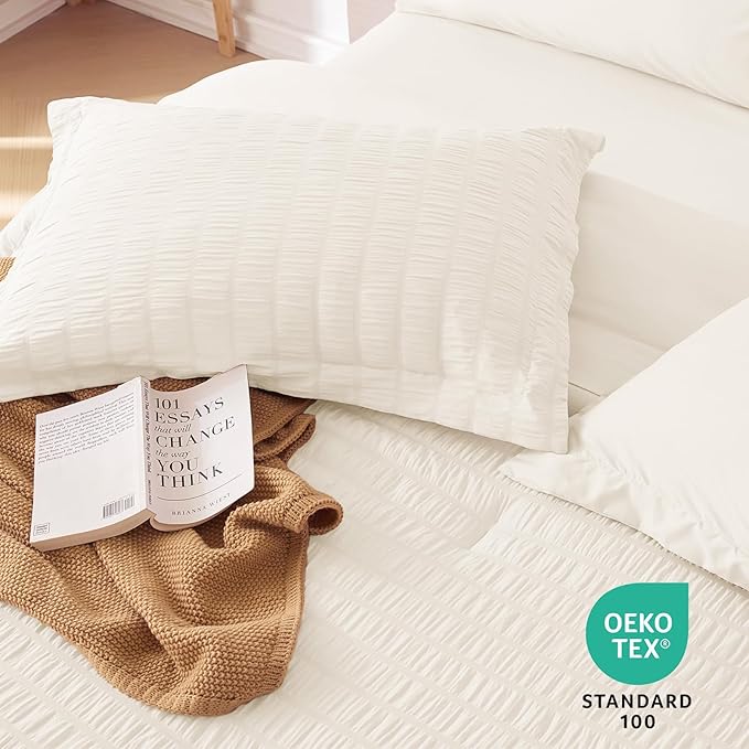 MUXHOMO 7 Pieces Queen Comforter Set, Seersucker Bed in a Bag Queen Size - Image 9
