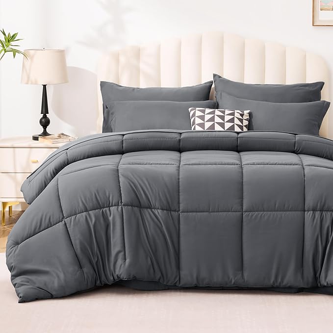 Love's cabin Queen Comforter Set Soot Grey, 7 Pieces Queen Bed in a Bag by Lovescabin