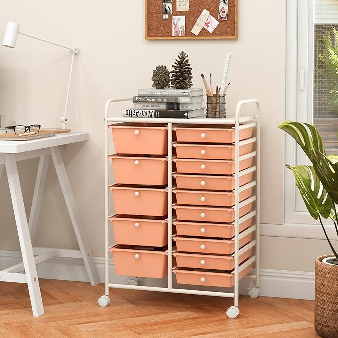 GOFLAME 15-Drawer Rolling Storage Cart, Craft Storage Cart with Removable Drawers & Lockable Wheels, Art Cart Supply Storage Organizer for Home Office Classroom, Peach Fuzz
