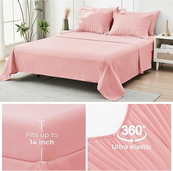 HYMOKEGE Rose Pink California King Comforter Set Seersucker 7 Pieces, All - Image 6