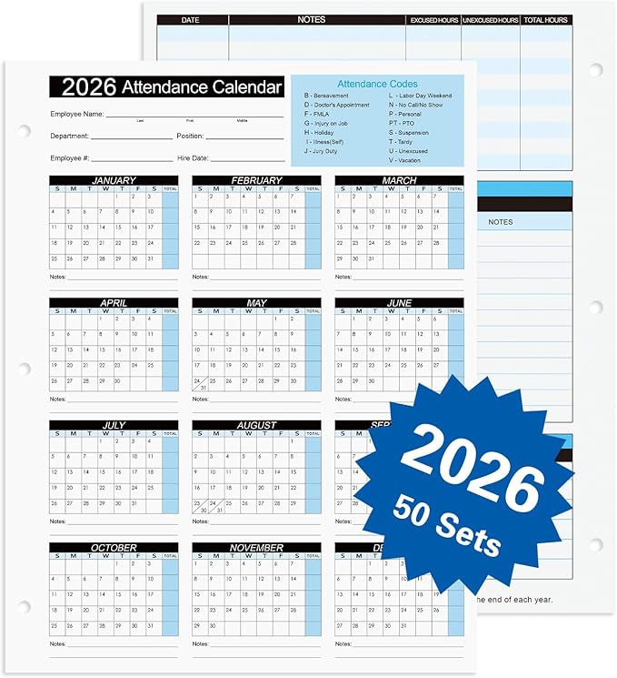 2026 Attendance Calendar Work Tracker Attendance Calendar Cards - 8.5 X 11 Cardstock/Pack of 50 Sheets