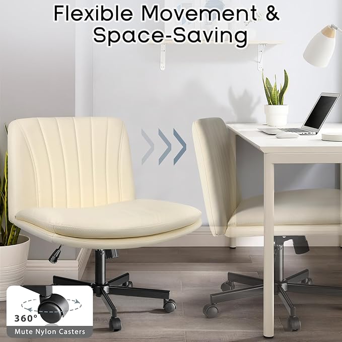 PUKAMI Criss Cross Chair with Wheels,Armless Cross Legged Office Desk Chair,PU Leather Modern Swivel Height Adjustable Wide Seat Computer Task Vanity Chair for Home Office(Beige)