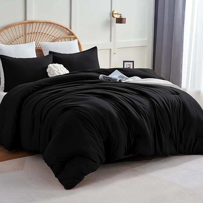 CozyLux California King Comforter Set Black, 3 Pieces Cal King Solid Breathable by CozyLux