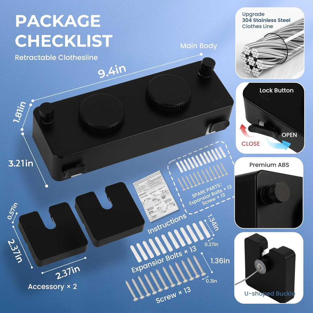 Retractable Clothesline Indoor Outside Heavy-Duty, Upgrade 304 Double Stainless Steel Shower Room Clothes line, Fit Rv Balcony Courtyards Indoor Drying Rack Clothesline, 13.8ft