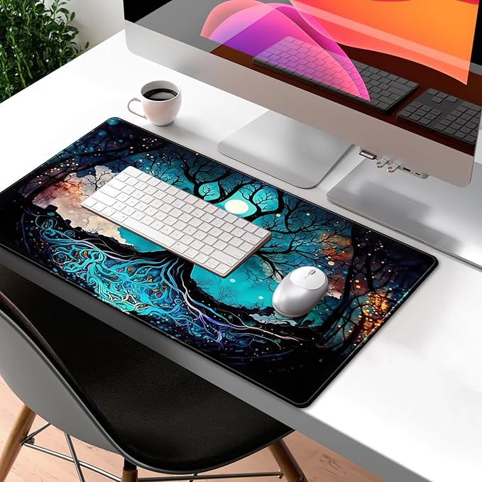 Vintage Blue AI Original Desk Mat Life Tree Aesthetics Desk Pad Large Flower Mouse Pad XXL Plant Mousepad Extended Laptop Computer Keyboard Mat Office Desk Decor 31.5x15.8 in-with Stitched Eges