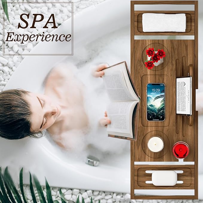 Premium Teak Bathtub Tray Caddy, Expandable Wooden Bath Tray - Image 3