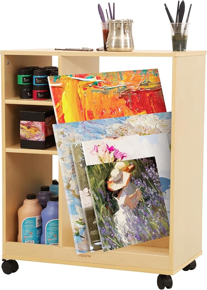 VISWIN Art Cart Organizer, Solid Pine Wood Art Supply Storage Organizer with Caster Wheels, 3-Tier Multifunctional Rolling Utility Storage Cart for Studio, Classroom, Artists - Natural