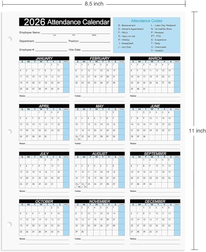 2026 Attendance Calendar Work Tracker Attendance Calendar Cards - 8.5 X 11 Cardstock/Pack of 50 Sheets