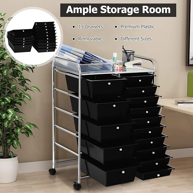 HAPPYGRILL 15-Drawer Rolling Cart, Storage Carts with Removable Drawers & Steel Frame, Utility Cart on Lockable Wheels for Home, School, Office, Black
