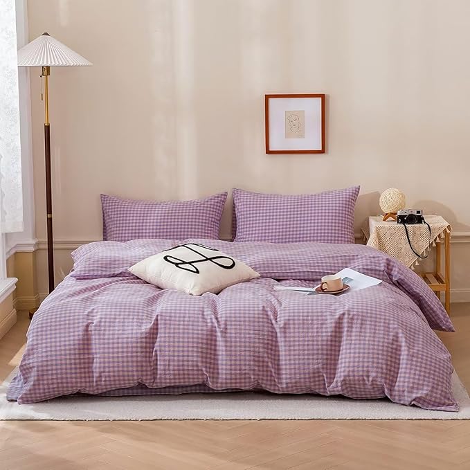 mixinni Purple Gingham Grid Duvet Cover Twin, 100% Washed Cotton Modern - Image 2