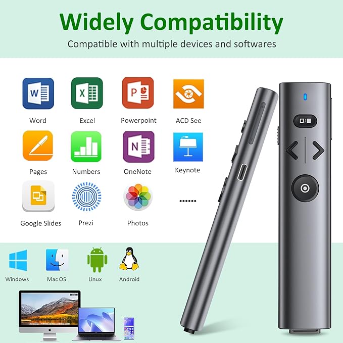 2 in 1 USB Type C Presentation Clicker with Green Pointer, Rechargeable Wireless Presenter for PowerPoint Presentation Pointer PPT Clicker, 2.4GHz Presenter Remote Slide Advancer for Computer MacBook