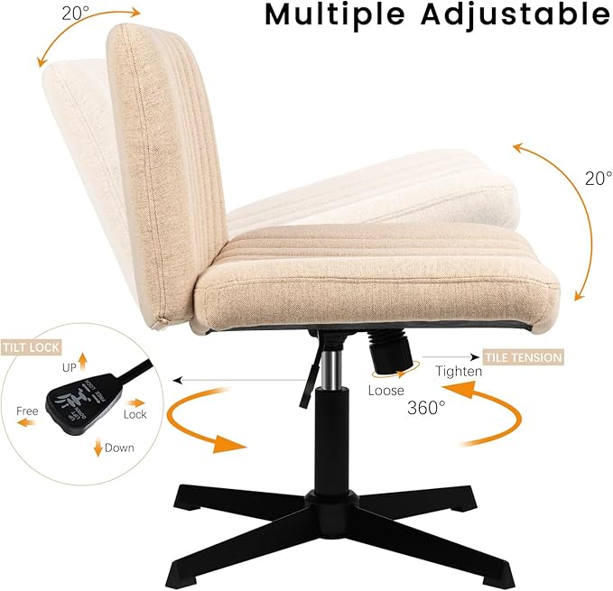 PUKAMI Criss Cross Chair,Armless Cross Legged Office Desk Chair No Wheels,Fabric Padded Modern Swivel Height Adjustable Mid Back Wide Seat Computer Task Vanity Chair for Home Office(Yellow)