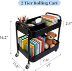 LIWNYRK 2 Tier Rolling Cart with Wheels for Under Desk Storage & Pantry Room, Large Capacity Laundry Room & Makeup Organizer, Sturdy Kitchen Utility Cart for Small Space with 4 Hooks, Black