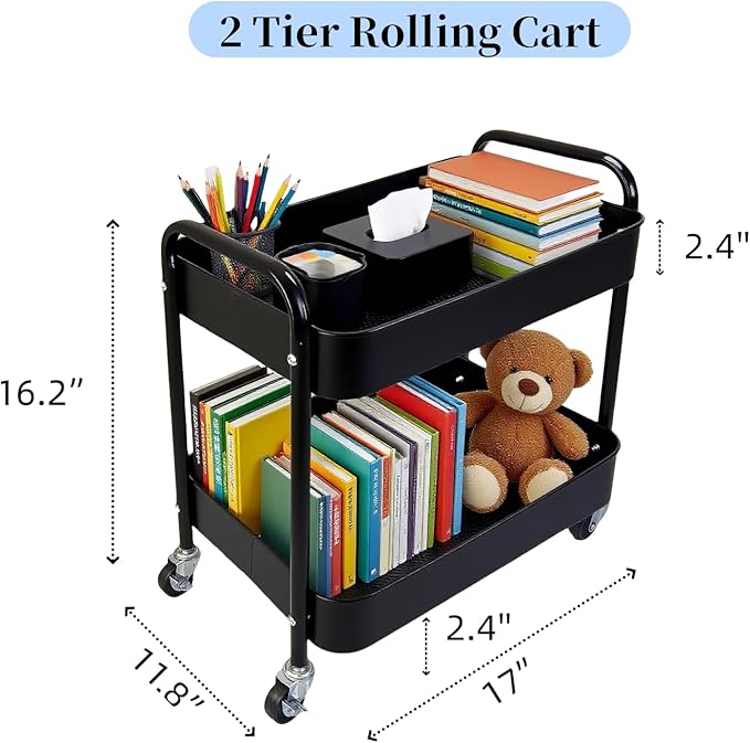 LIWNYRK 2 Tier Rolling Cart with Wheels for Under Desk Storage & Pantry Room, Large Capacity Laundry Room & Makeup Organizer, Sturdy Kitchen Utility Cart for Small Space with 4 Hooks, Black
