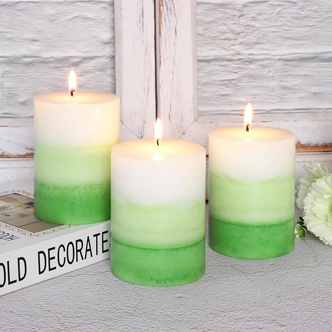 Pillar Candles 3x4 Inch Eucalyptus Scented Hand-Poured Layered Green Gradient - Image 7
