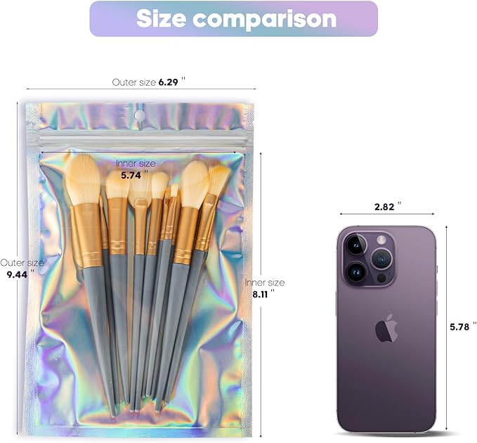 100pcs 6x9 inch Holographic Resealable Packaging Bags for Small Business Supplies- Cute Small Plastic Color Smell Proof Ziplock Foil Pouch Baggies for Lip Gloss Soap Party Food Storage