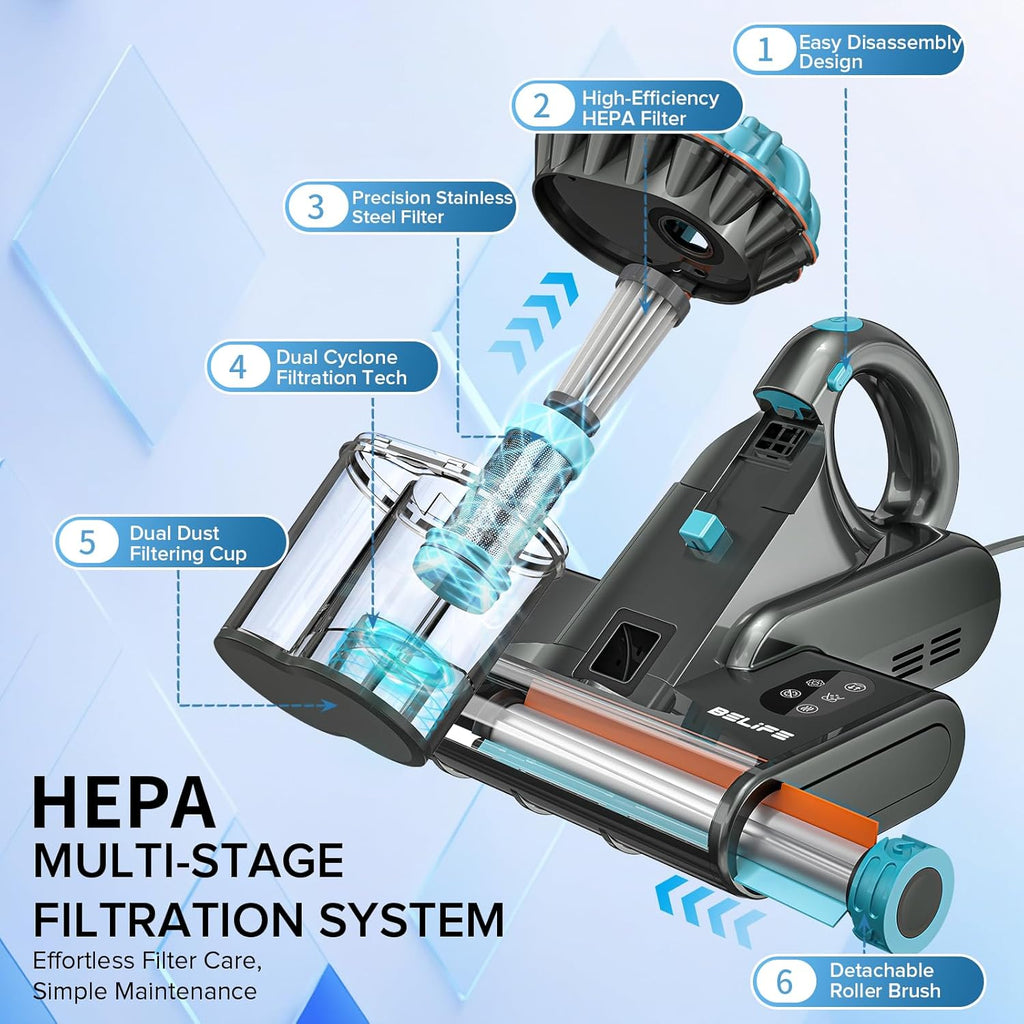 Belife M8 Mattress Vacuum Cleaner, 18Kpa 550W Bed Cleaner with UV & Hot Air & HEPA Filter, High Heating Double-Cup Handheld Couch Cleaner for Sofa Pillow Crib Pet Hair, Corded