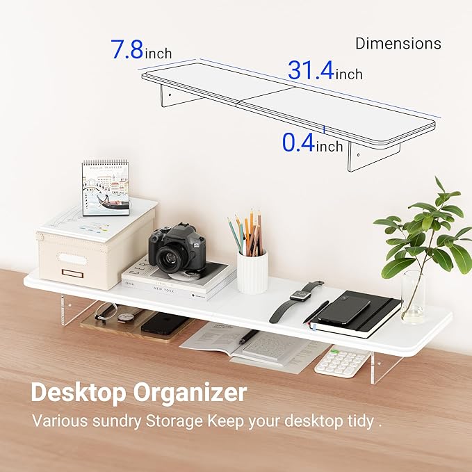 AFOOYO Monitor Stand Riser,31.5-Inch LED Light Wood Computer Monitor Stand with Adjustable Acrylic Legs,Desk Accessories Desktop Organizer Stand for, Computer,Laptop,Printer,PC TV Screen Riser,White
