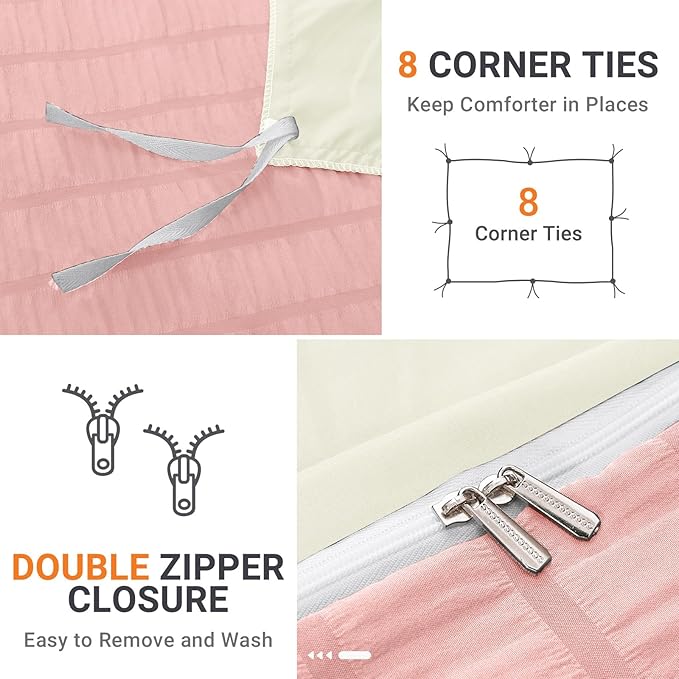 HYMOKEGE Pink/Ivory Duvet Cover Full Size, Ultra Soft 3-Piece Seersucker Duvet - Image 5
