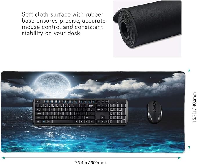 CANFLASHION Gaming Mouse Pad,Large Mouse Pads for Desk,Non-Slip Rubber Base Extended Mousepad,XXL Keyboard Mouse Mat,Computer Keyboard Desk Pad with Stitched Edges,35.4x15.8inch,Full Moon On Sea Night
