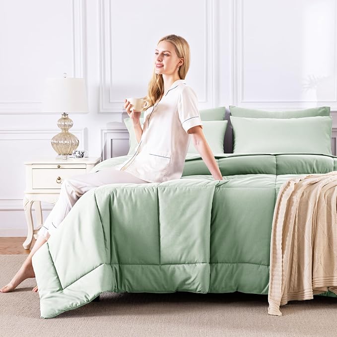 CozyLux King Size Comforter Set Sage Green, 7 Pieces Bed in a Bag, All Season - Image 7