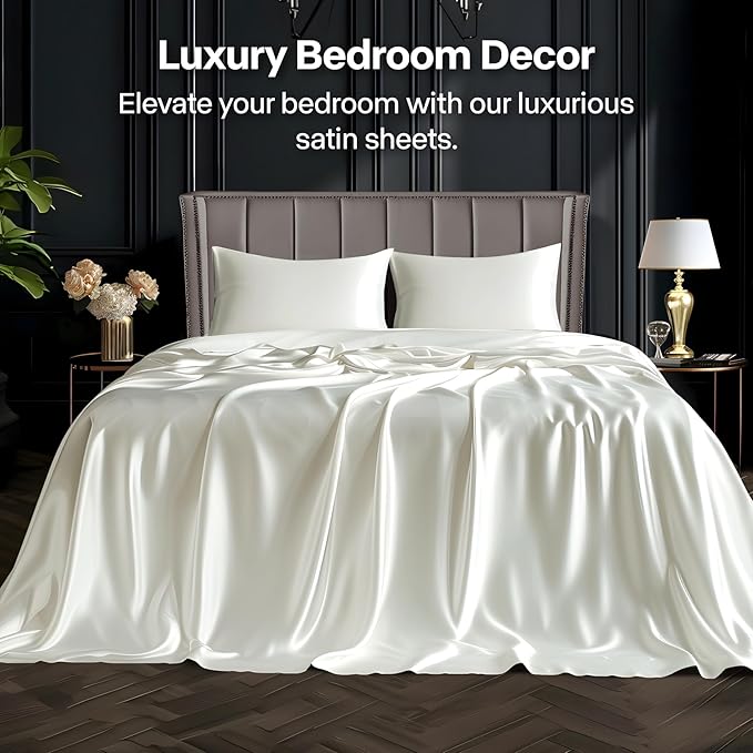 BEDELITE Satin Sheets Twin Size Bed Set, Luxury Soft Ivory White Silky Sheets - Image 2