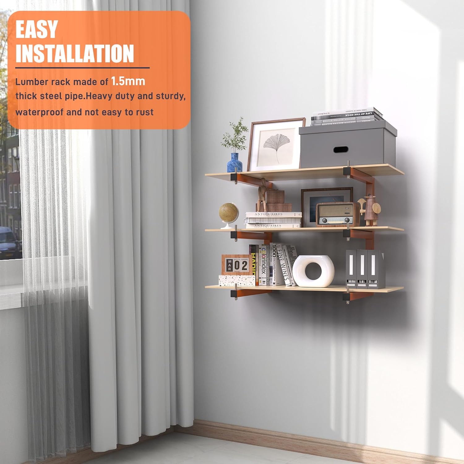 Lumber Rack Wall-Mounted Lumber Storage Rack, Heavy Duty Wood Storage Racks with 6-Level System, 1320 LB Sturdy Garage Wood Organizer, Orange Lumber Metal Racks for Indoor and Outdoor (4 Pack)