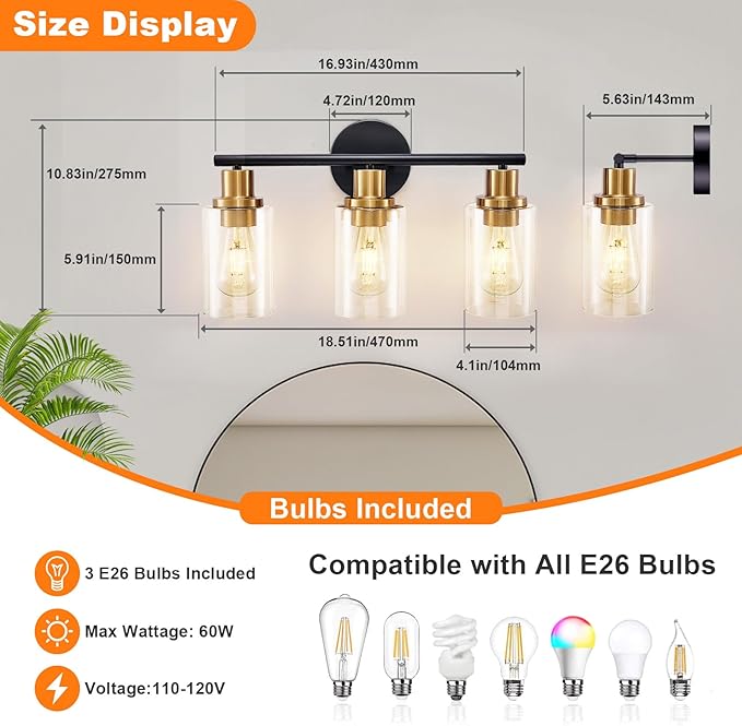 DLLT 3-Light Bathroom Light Fixtures: Black and Gold Modern Vanity Lights - Image 4