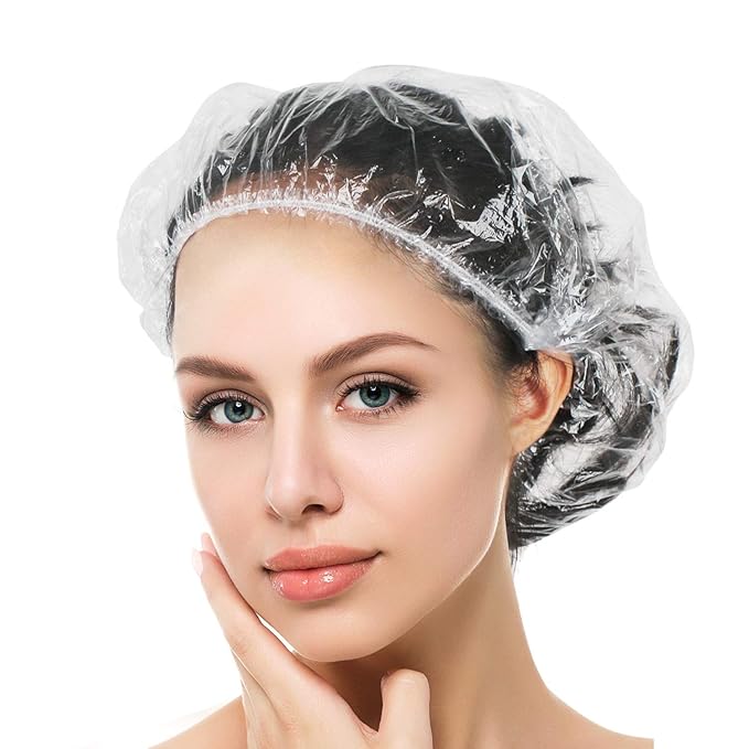 Auban 100PCS Disposable Shower Caps, Plastic Clear Hair Cap Large Thick by Auban